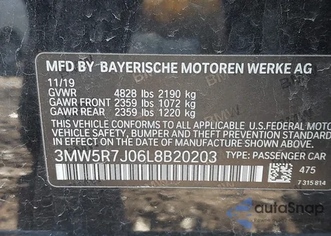 2020 BMW 3 Series 330I xDrive из США, поврежденный, VIN 3MW5R7J06L8B20203